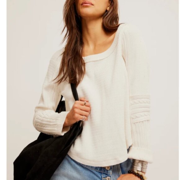 new Free People Swinging Cable 100% cotton Cuff Top  Shirt 2512 3S1 - Picture 2 of 8